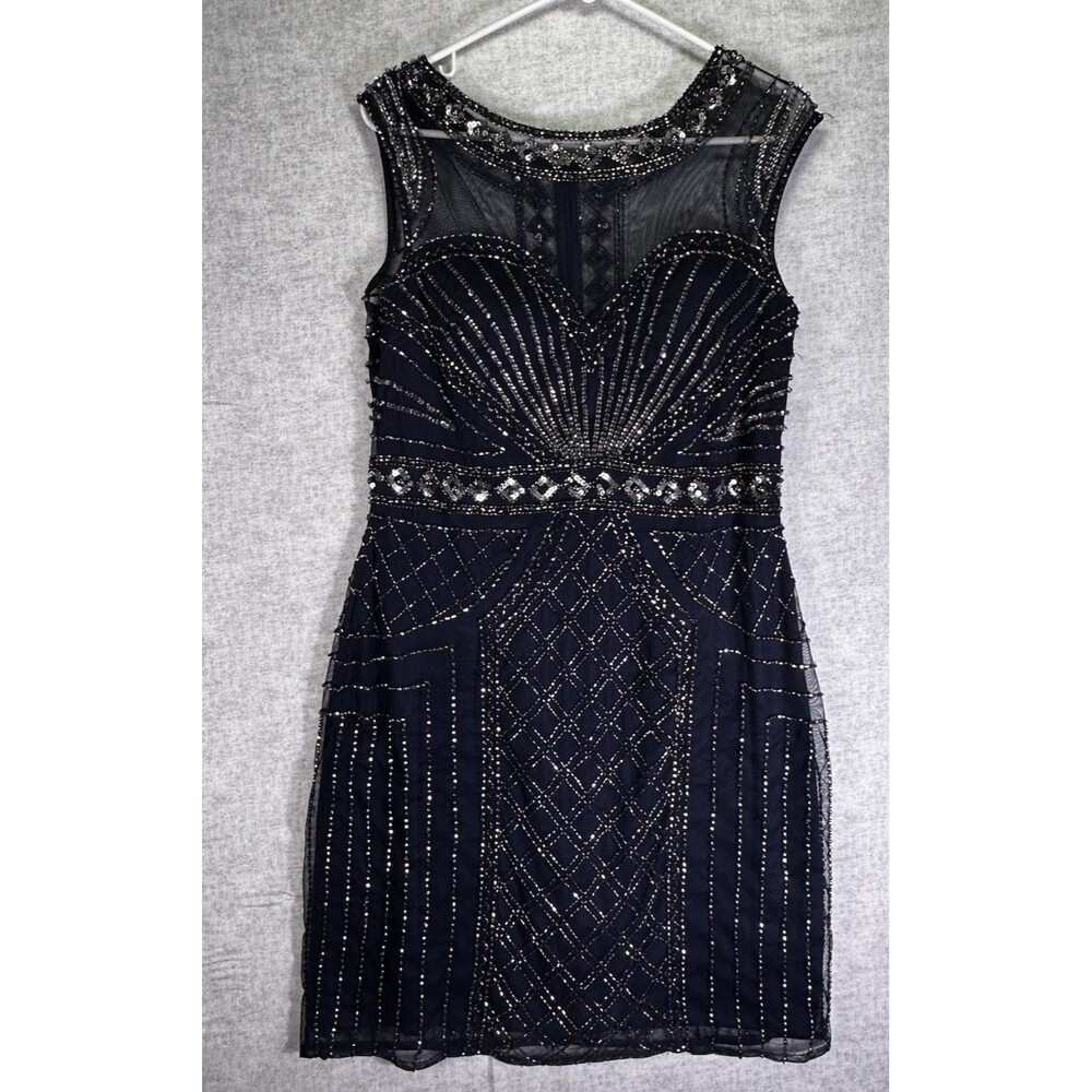 Shail K. Navy Blue Sequins Short Cocktail Shift Dress Women’s Size 16 Party EUC